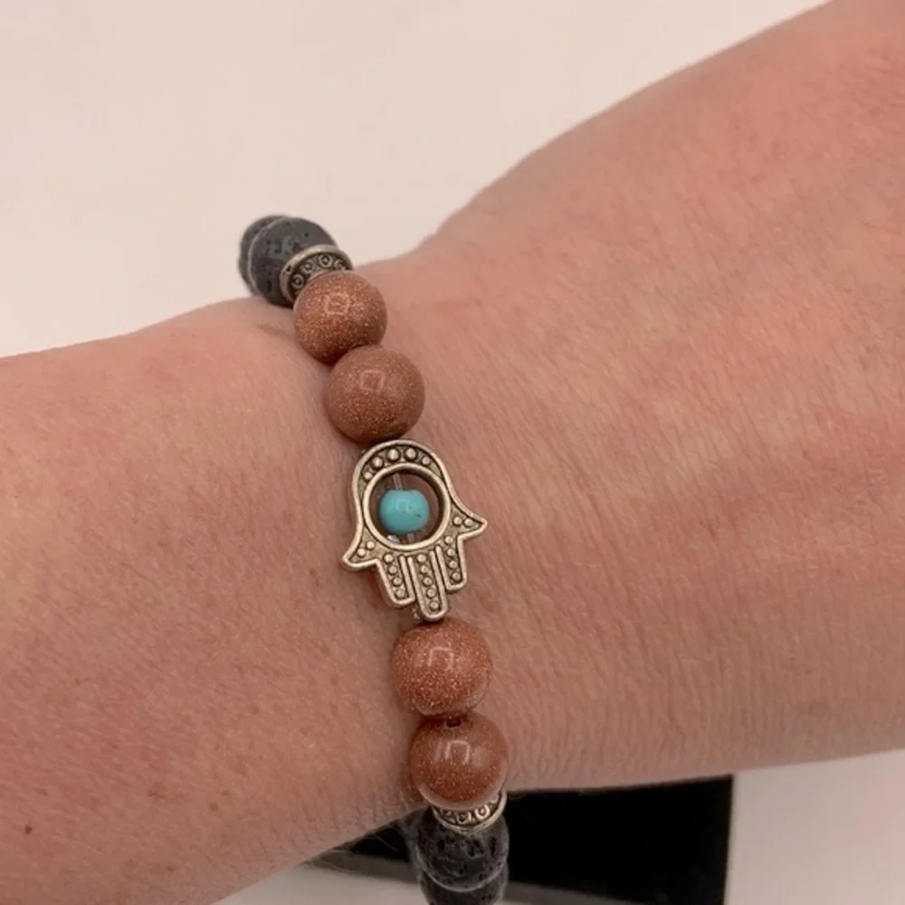 Boho Black & Orange Beaded Metal Hand Stretchy Bracelet New!‎